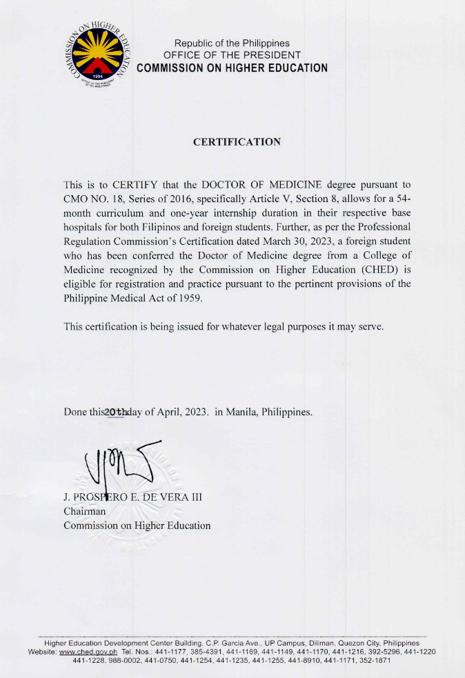 commission on higher education certificate