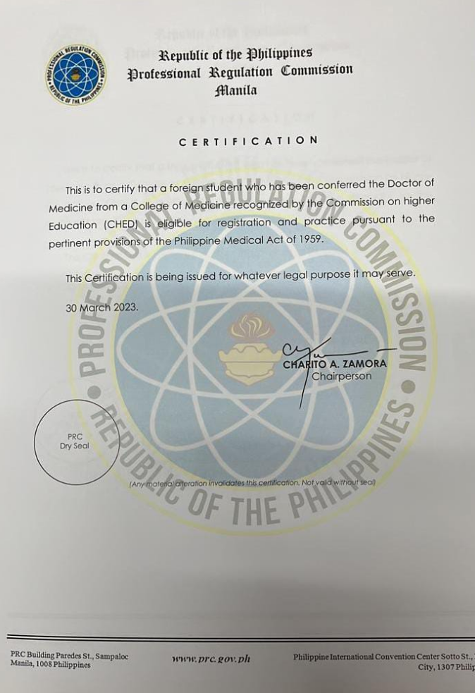 professional regulation commission certificate
